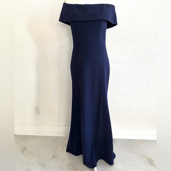 Betsy & Adam Navy Blue Off-Shoulder Ruffle Back Mermaid Gown - Picture 1 of 8